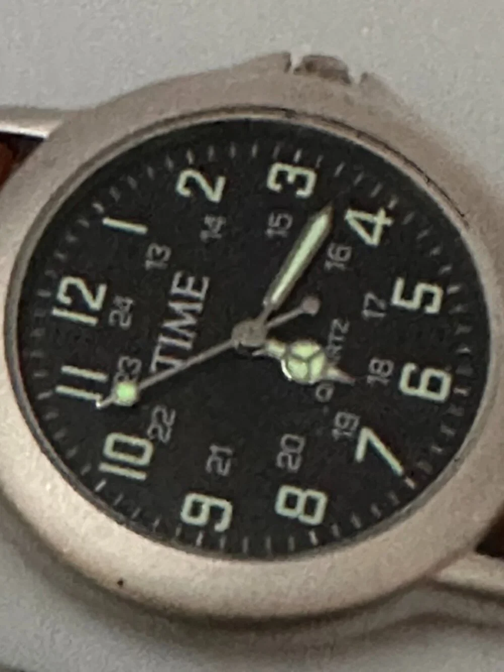 Time Watch Men Silver Tone Black Dial Brown Leather Band New Battery 9